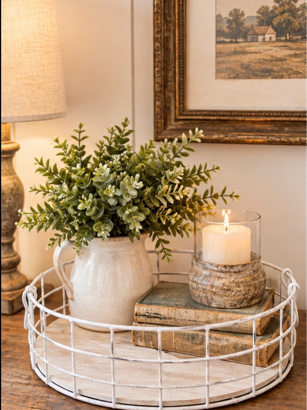 Rustic Round Metal Wire and Wood Base Decorative Tray White 14.5 “